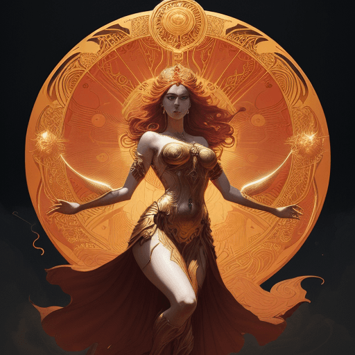 AI generated: goddes of the sun, beautiful, Character design, stunning, red golden dress, whirling with power in t...