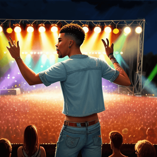 AI generated: Music festival, singer, Jayson Tatum, at an open air stage, on the night, a lager audience, oil pain...