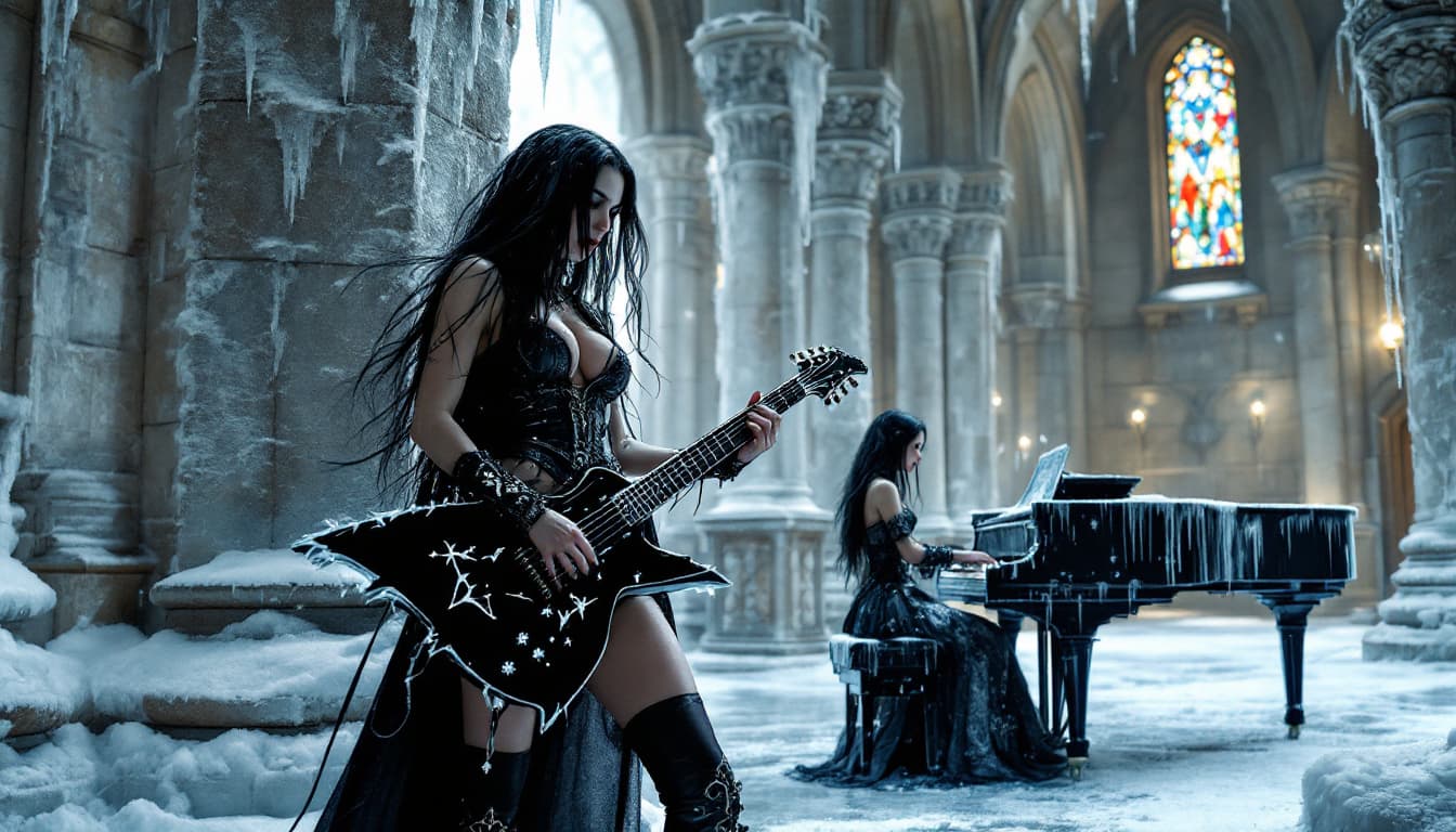 AI generated: In a grand, frost-covered castle hall, a closeup of the gothic guitarist with big breasts stands nea...