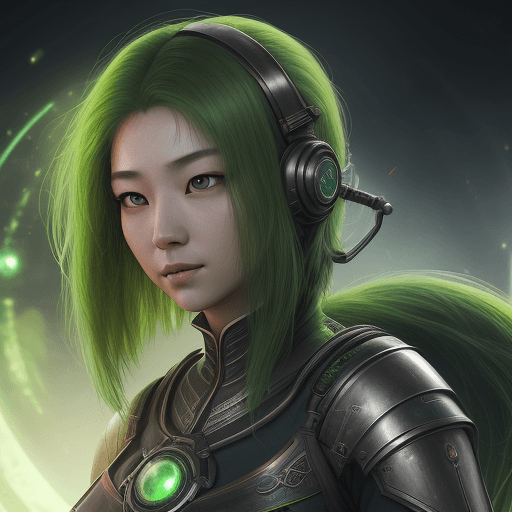 AI generated: wissenschaftler, asiatisch, zukunft, verrückt, dunkelgrüne haare, 8k, fantasy, sci-fi,