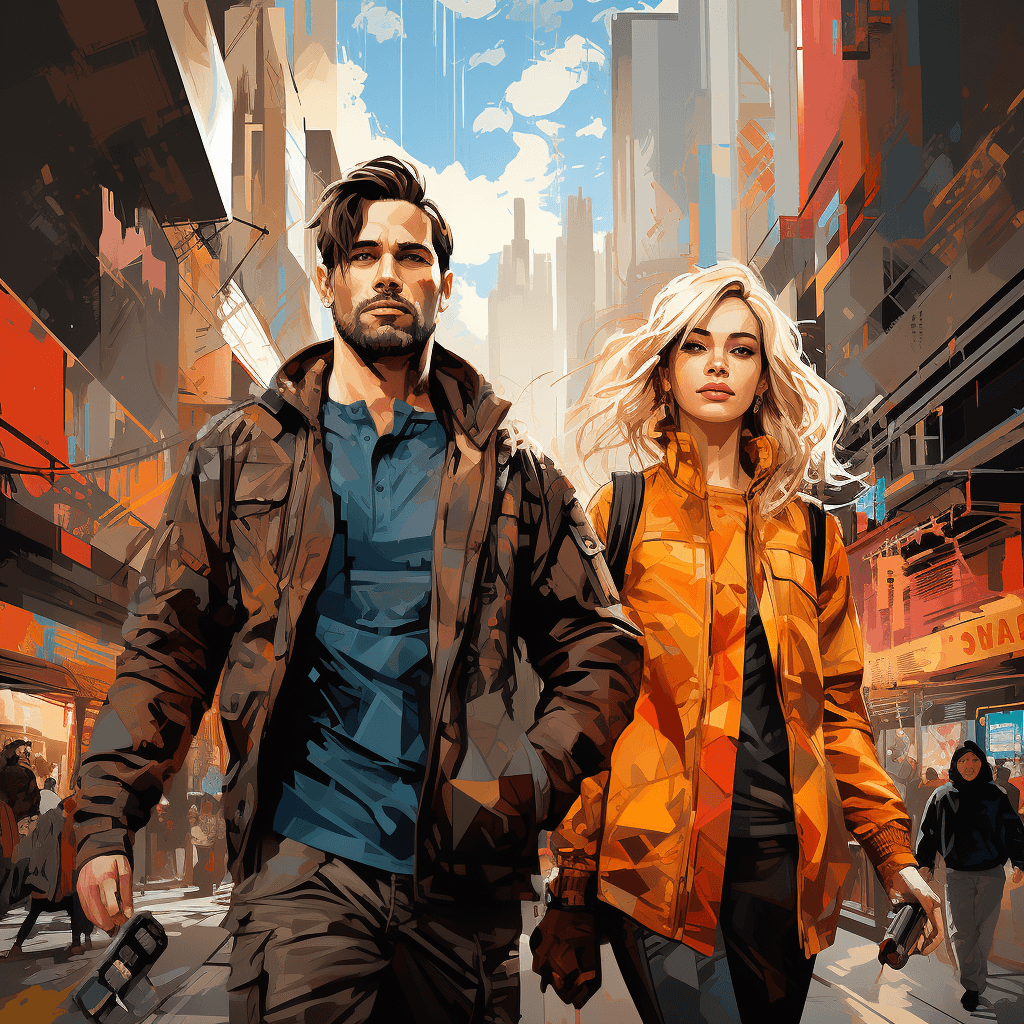 AI generated: friends walking in a big city, cyberpunk poster, in the style of Erik Jones, social media portraitur...