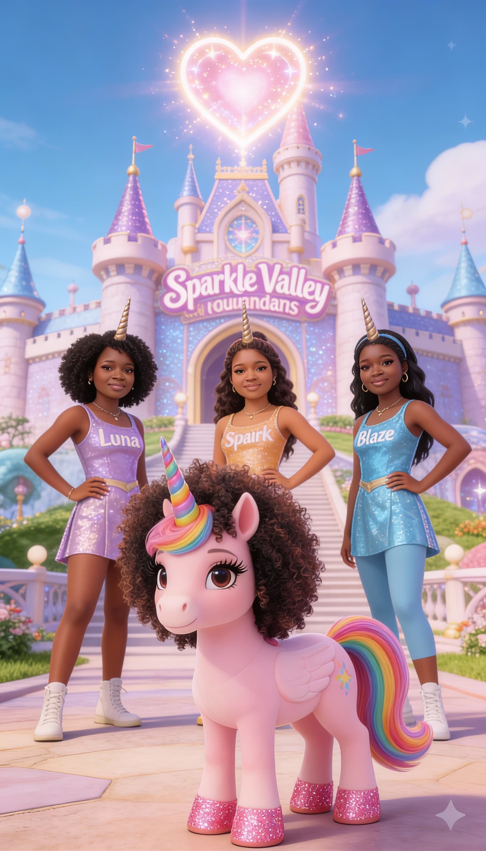 AI generated: Illustrate 3 different women on one image They are The Unicorn Guardians (Luna, Spark, and Blaze) in...