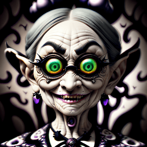 AI generated: Very old madness grandma with evil smile, mad sky hallucination by Mundford, baroque maximalist, chi...
