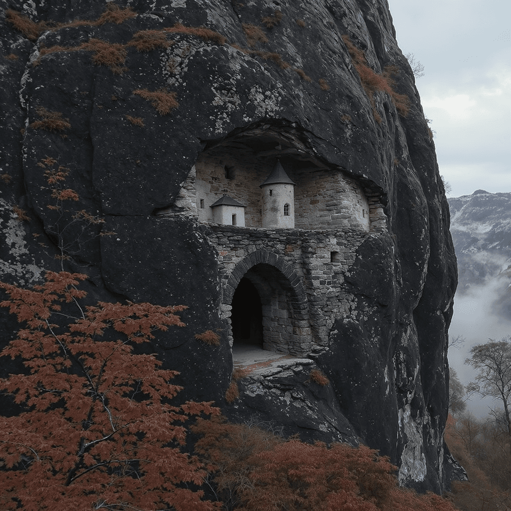 AI generated: An old medieval house carved into a large black mountain – surreal and dreamlike imagery – I can’t b...
