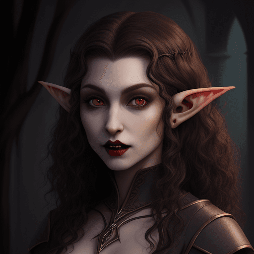 AI generated: half-elf female vampire, dark curly hair, short ears, realistic 