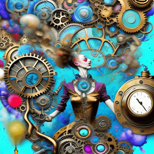 AI generated: digitally creative psychedelic collage, steampunk, alchemist, chemistry, jewelry designer, colorful ...