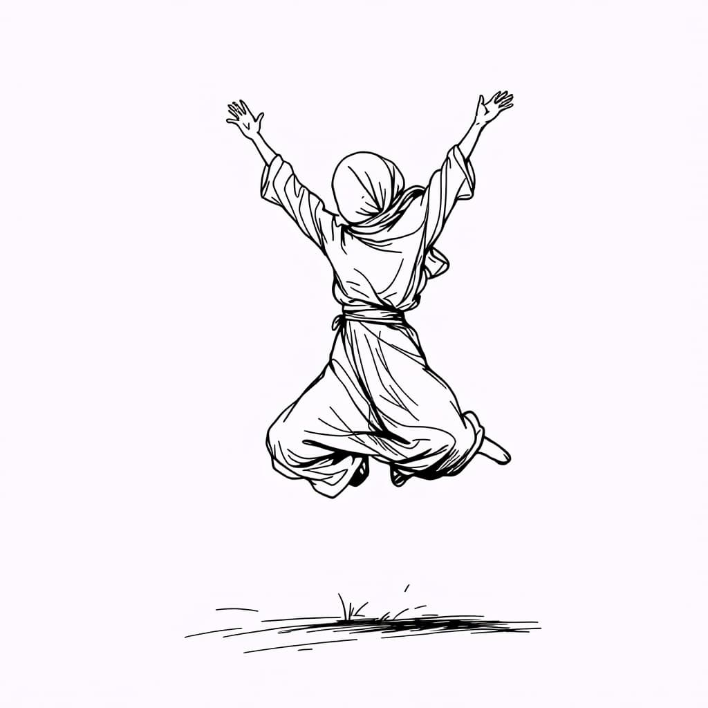 AI generated: minimalist line art drawing of an iranian covered girl leaping joyfully, sketched in continuous blac...