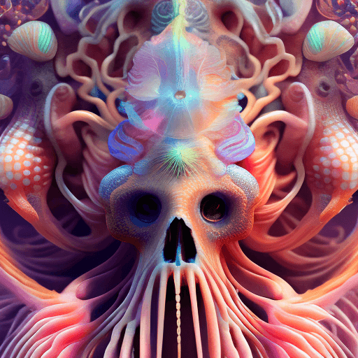 AI generated: Goddess close-up portrait ribcagel. jellyfish phoenix head, nautilus, orchid, skull, betta fish, bio...