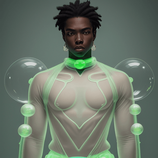 AI generated: well lit fashion shoot portrait of black american male marble statue wearing light green bubble outf...