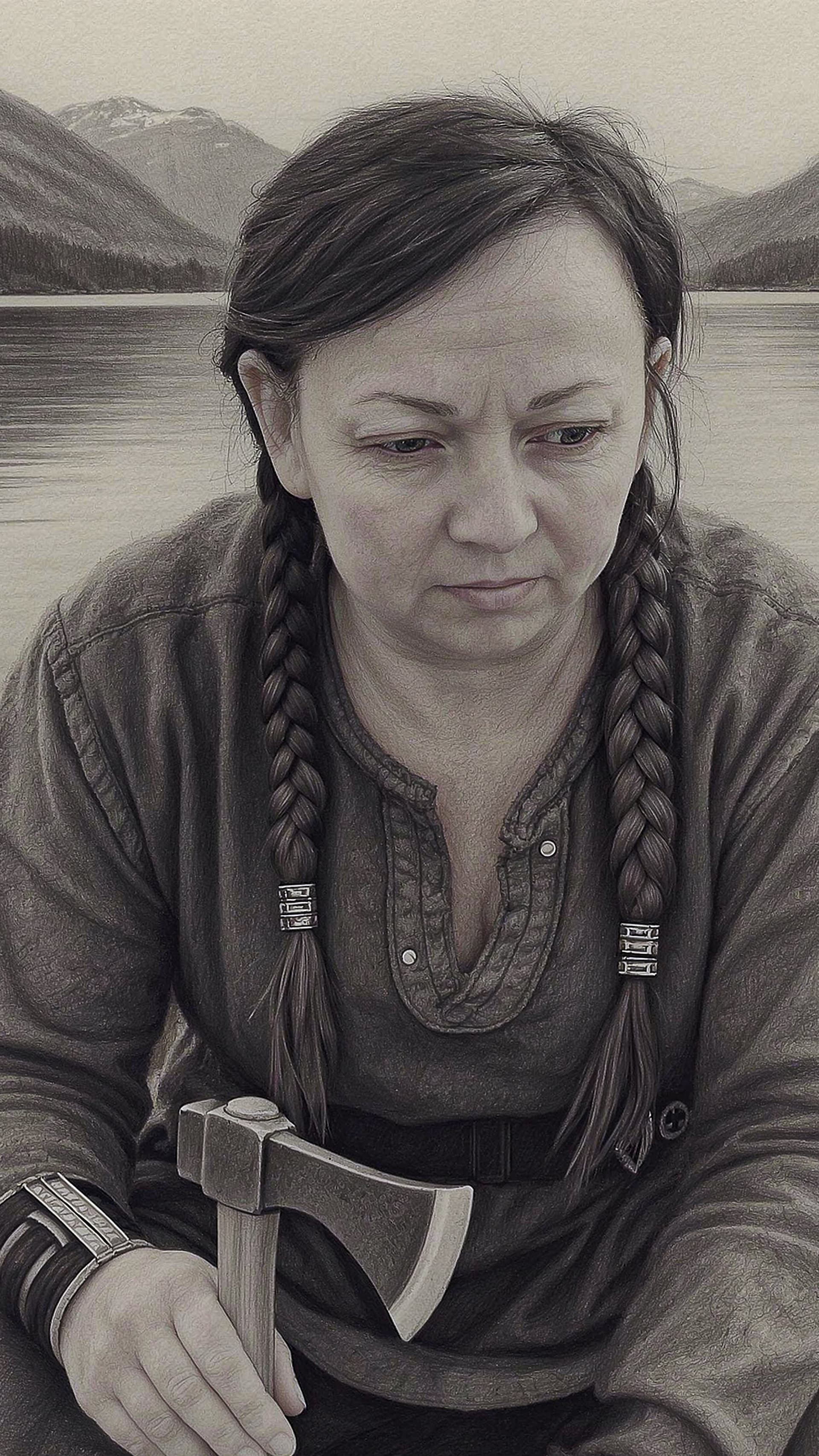 AI generated: Pencil drawing, Canson paper, Close-up portrait of a Viking woman, aged 40, sitting in a boat in the...