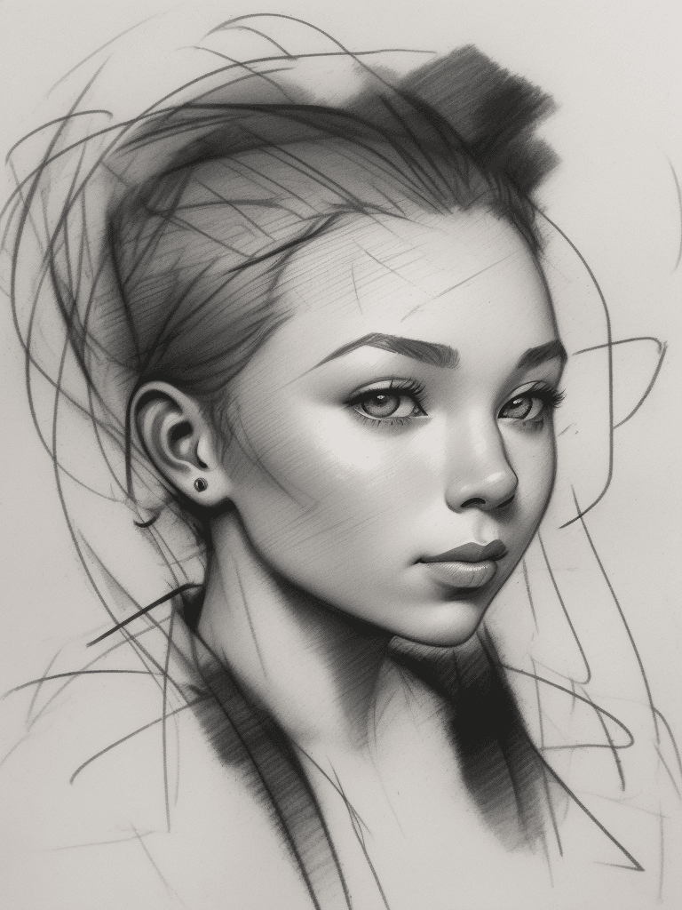 AI generated: Rough charcoal sketch on old paper, female portrait, (((Jessica Parker Kennedy))), Pronounced ears, ...