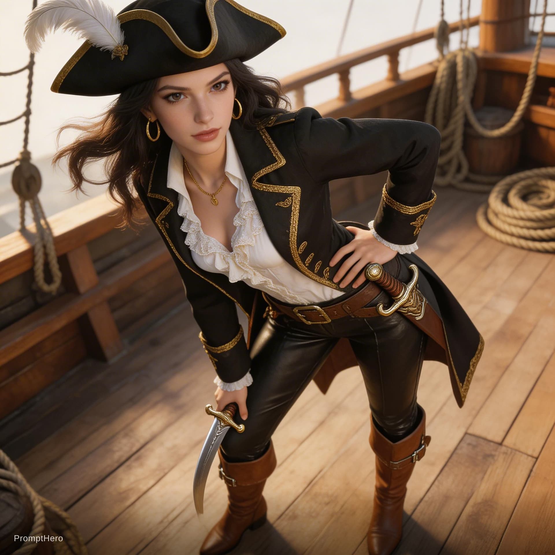 AI generated: full body shot 3/4 low-angle view of a young beautiful female pirate in suggestive pose, with influe...
