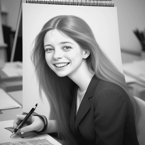 AI generated: a portrait of laughing woman working in a office with long hair is drawing in pencil, in the style o...