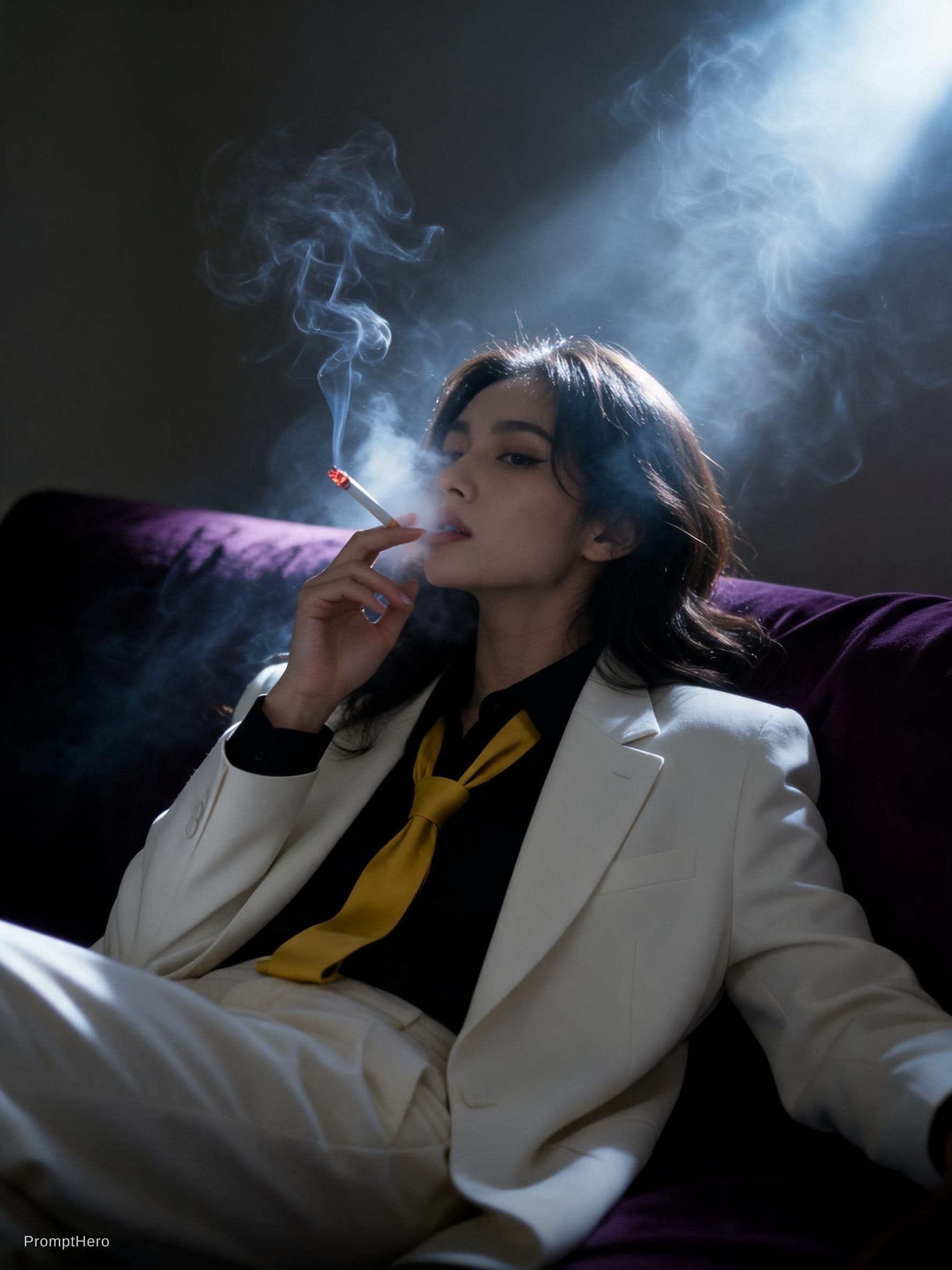 AI generated: snapshot, dimly lit room with a hazy atmosphere, capturing a female model lounging on a deep purple ...