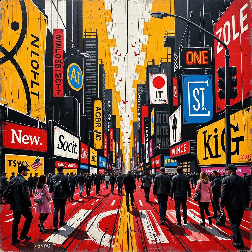 AI generated: A neo-expressionist, abstract depiction of a bustling city intersection, full of raw energy, jagged ...