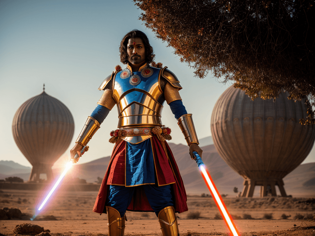 AI generated: hyper realistic closeup photo of a raytraced Indian scifi warrior in traditional indian royal clothe...