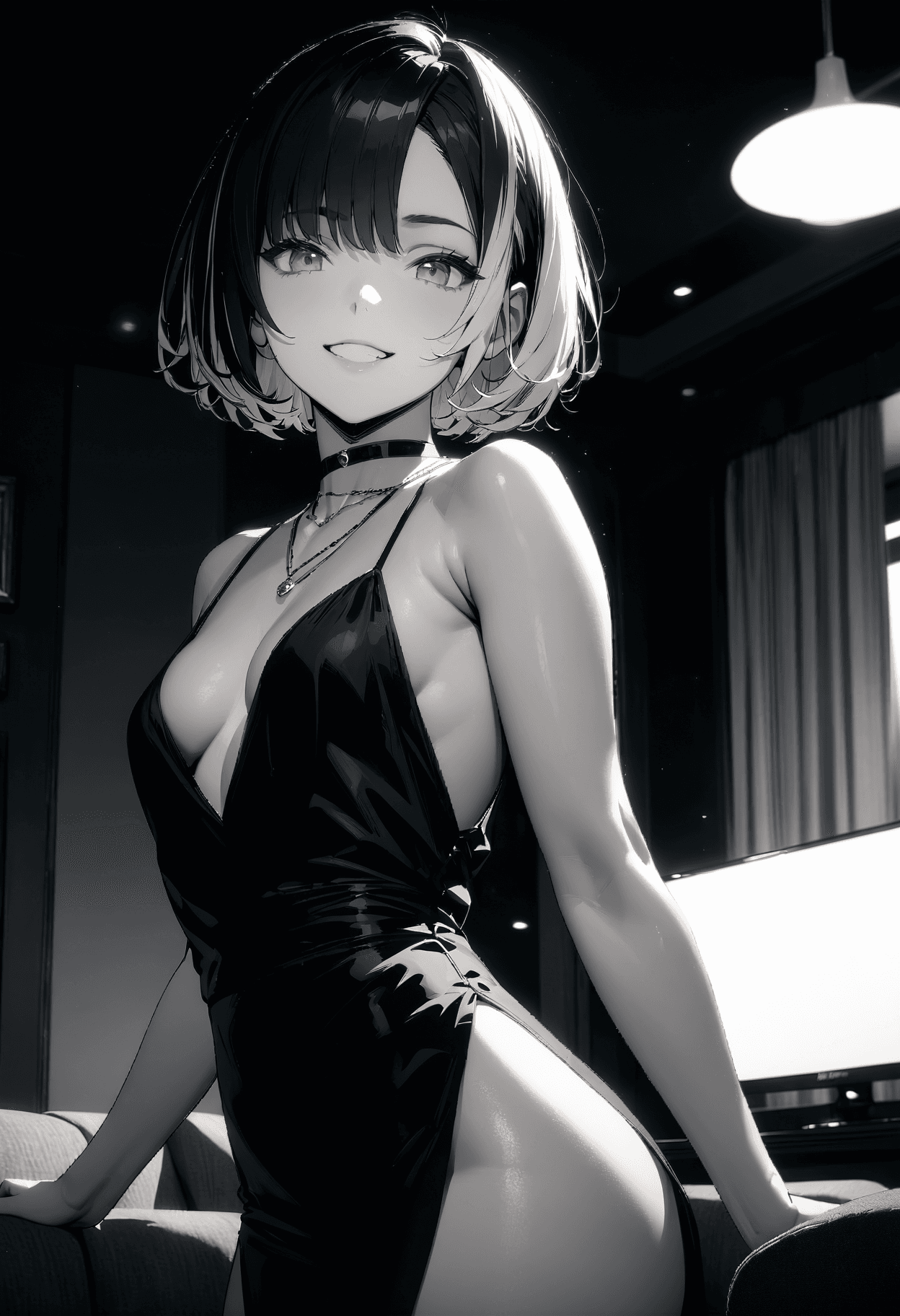 AI generated: (masterpiece,best quality,4K,anime),1girl,mature,solo,multicolored hair,short hair,bob cut,symmetric...