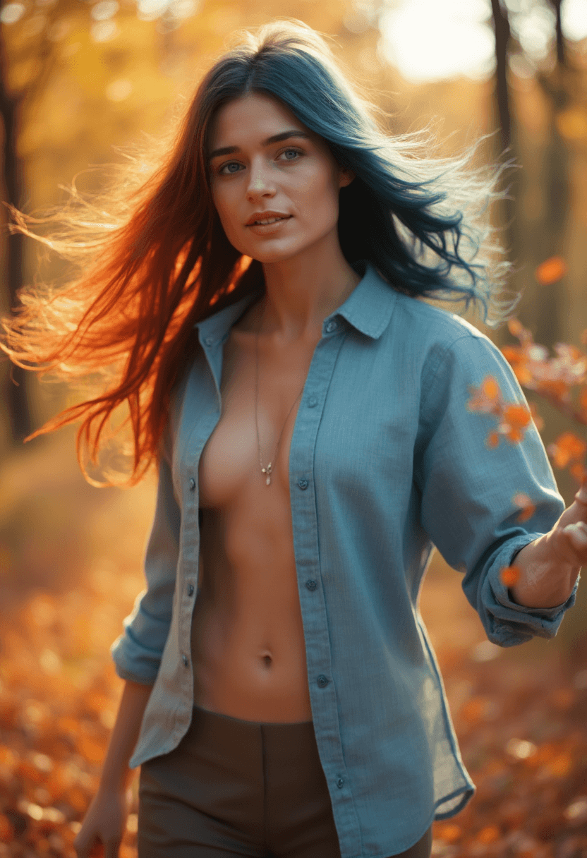 AI generated: A photorealistic portrait of a fit 25yo woman with long, flowing hair that transitions from blue at ...