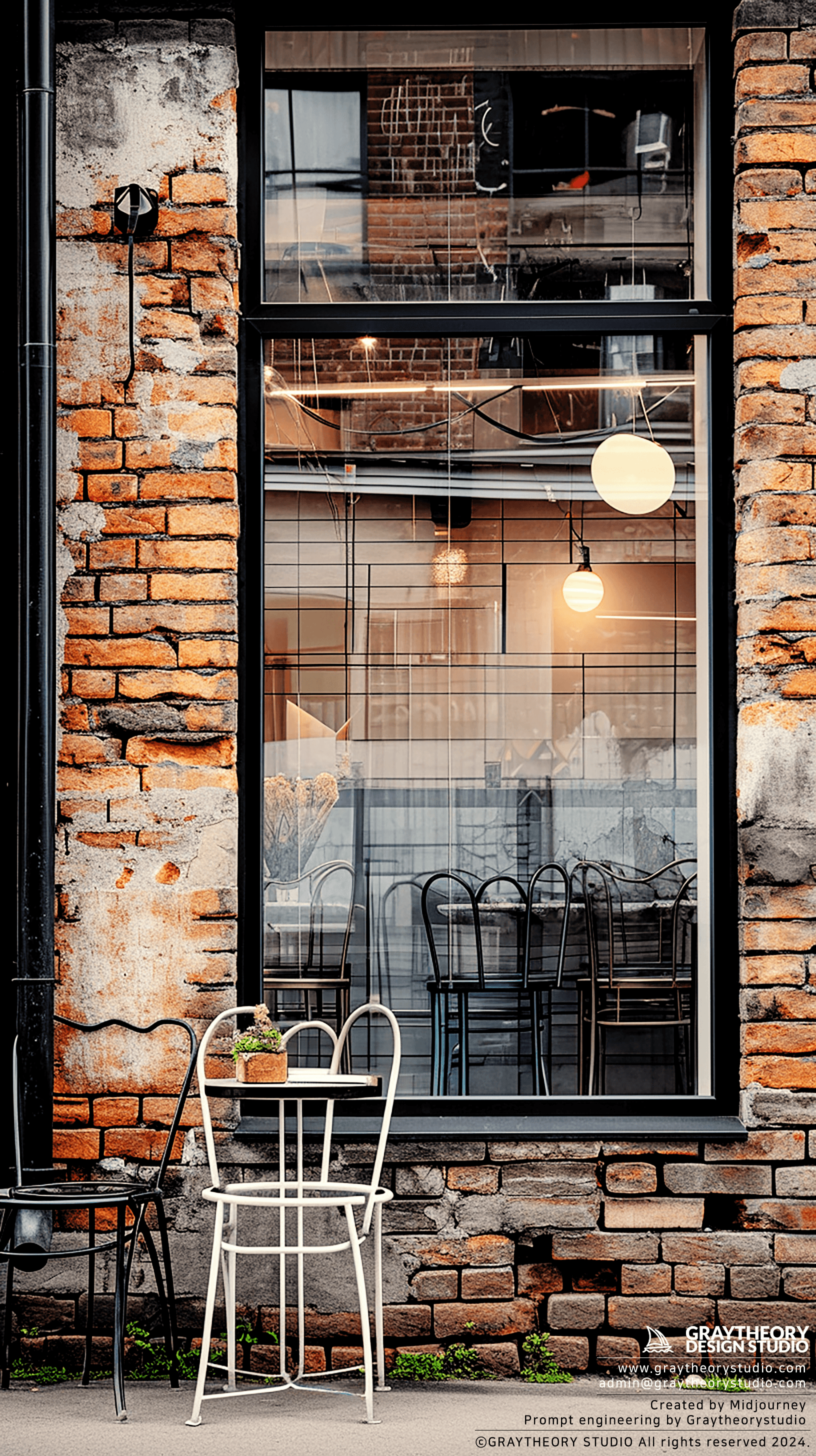 AI generated: Minimalist café facade with a harmonious blend of old brick and new glass, Canon EOS R, 28mm f/1.8 l...