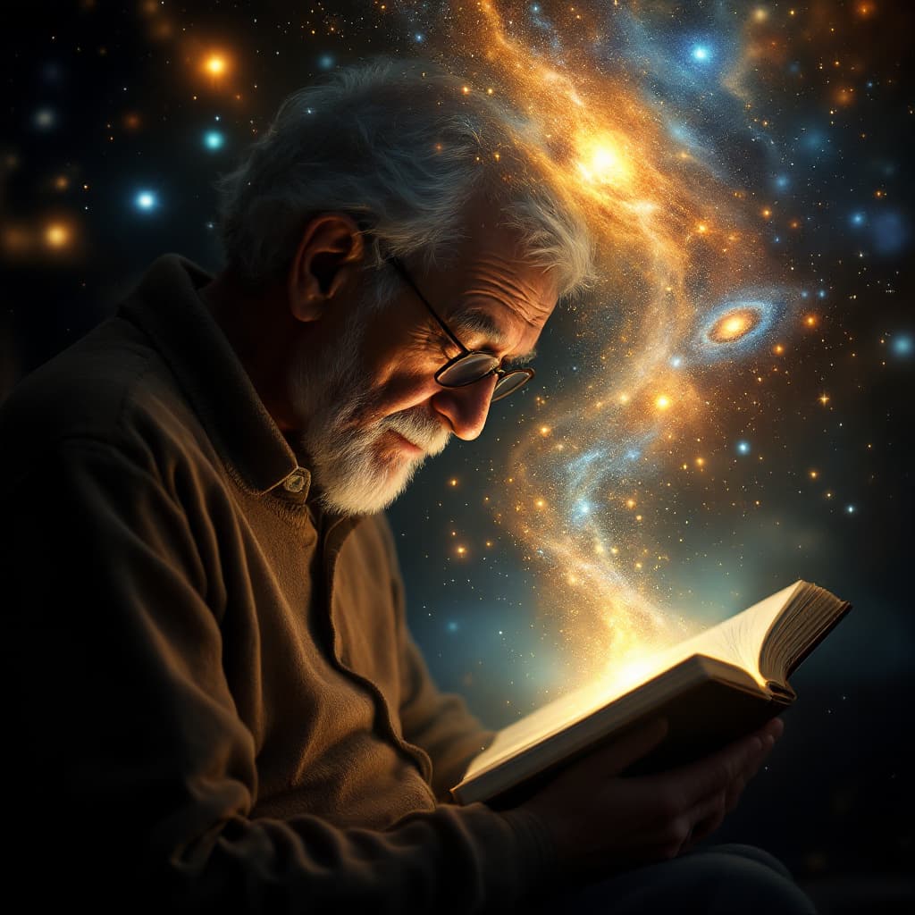 AI generated: Elderly person reading a glowing book as galaxies form above their head, 3D surreal cosmic visuals w...