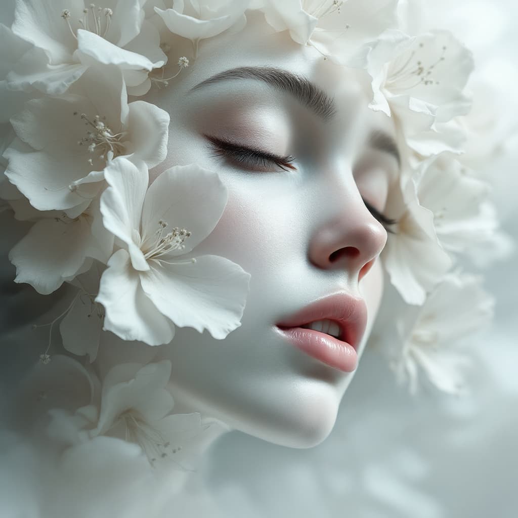 AI generated: woman made of porcelain + flowers, mysticism, + coherent, haze, fog, finest drawing, macro, clear co...