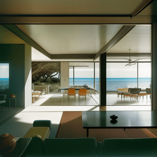 AI generated: Hyper realistic eye level exterior photo of a mid century modern style house overlooking the ocean, ...