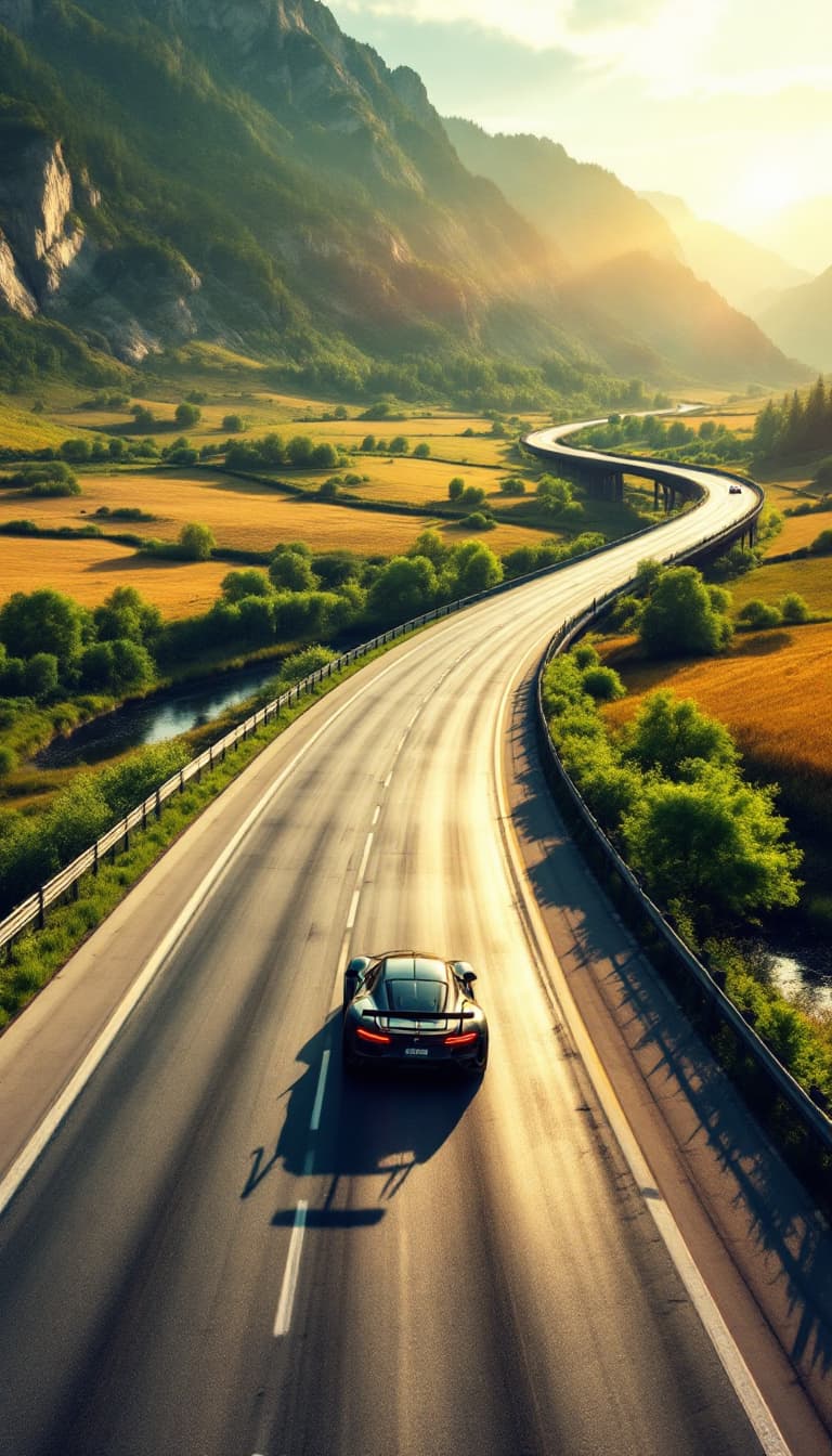 AI generated: Summer. The straight race track runs across a flat field across a field directly across a bridge. Hi...
