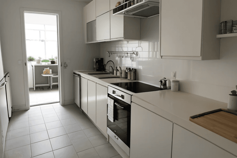 AI generated: NO KITCHEN ON THE LEFT;HUMAN LOOKING INFRONT OF HIM VIEW;)= DEGREES;kitchen looking towards a sink u...