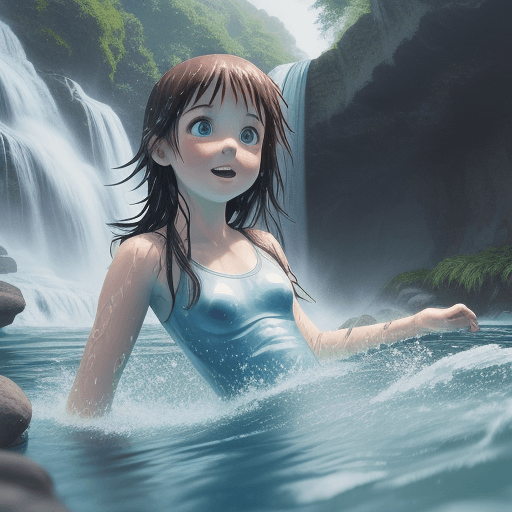 AI generated: animated girl swimming in the waterfall.
