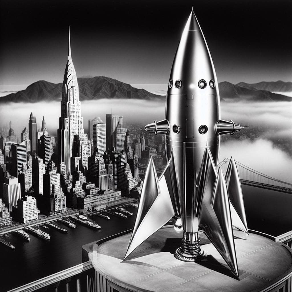 AI generated: Buck Rogers in the 23rd Century, Dieselpunk Rocket ship, Style of Streamline Moderne, 1930s b/w movi...