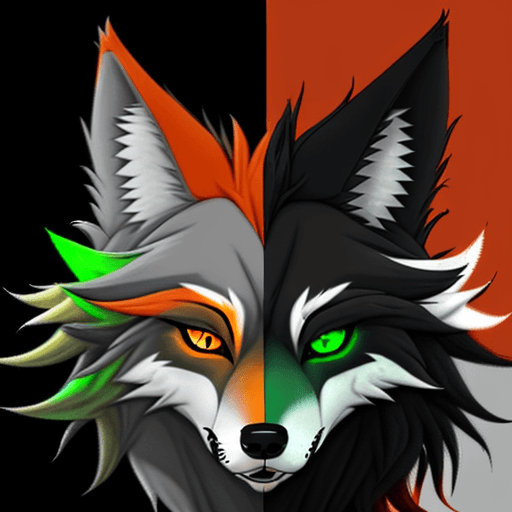 AI generated: wolf-like fursona with 4 different eyes, with all of them containing the colors green, orange, and a...