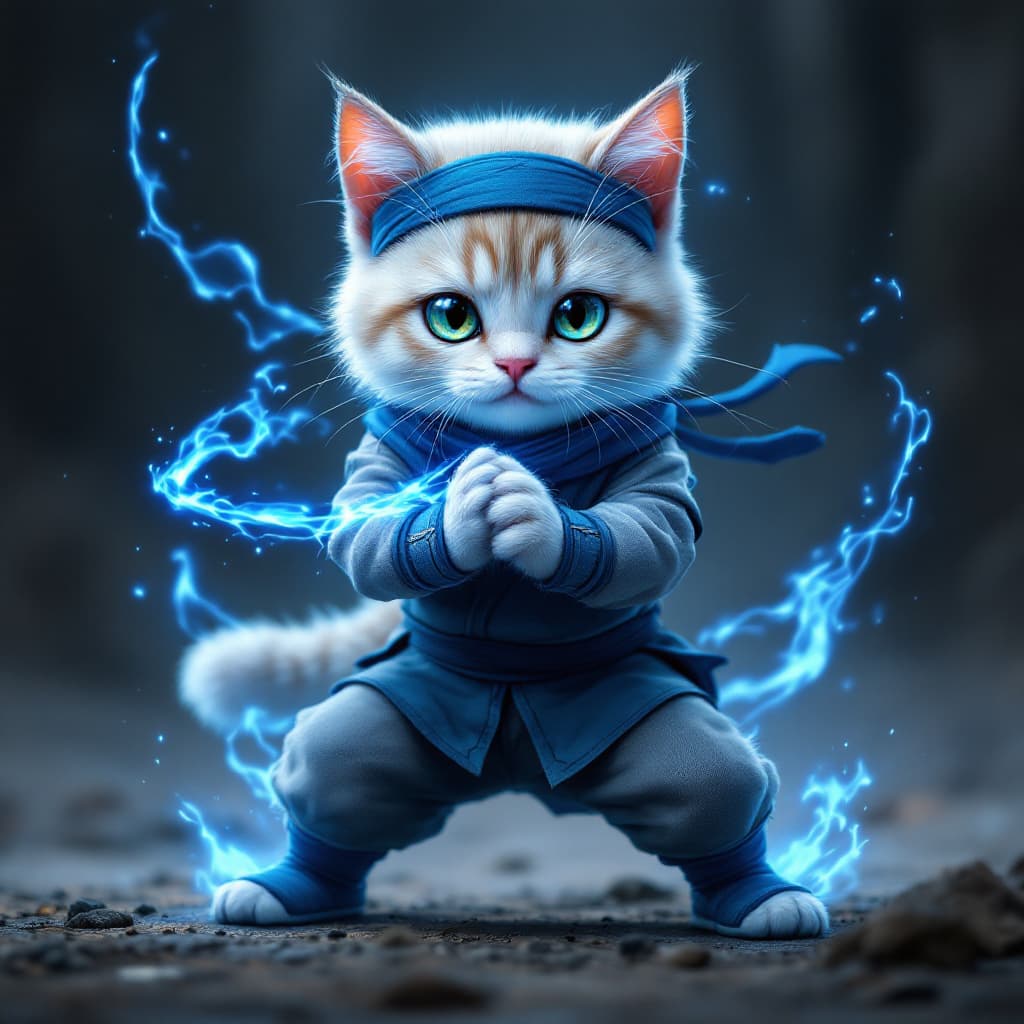 AI generated: an anthropomorphic cute cat wearing [ninja outfit : Gray ninja jacket, gray ninja pants, blue scale ...