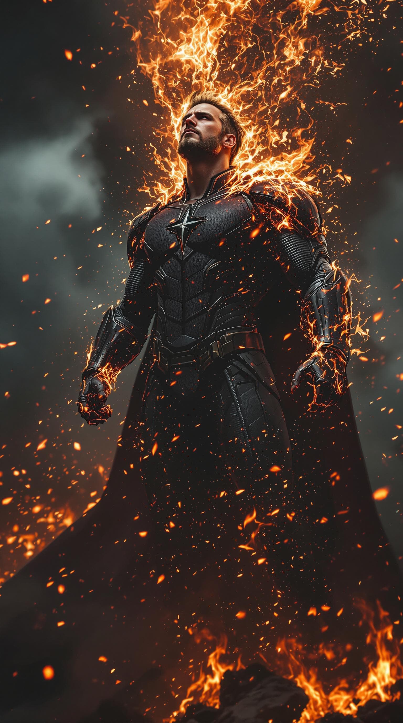 AI generated: Envision a fully body portrait of a super hero   rising from the ashes, villain, burning, sharp focu...