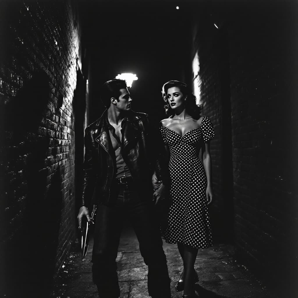 AI generated: "Depict a black-and-white 1950s action movie scene, photographed in the style of vintage film camera...