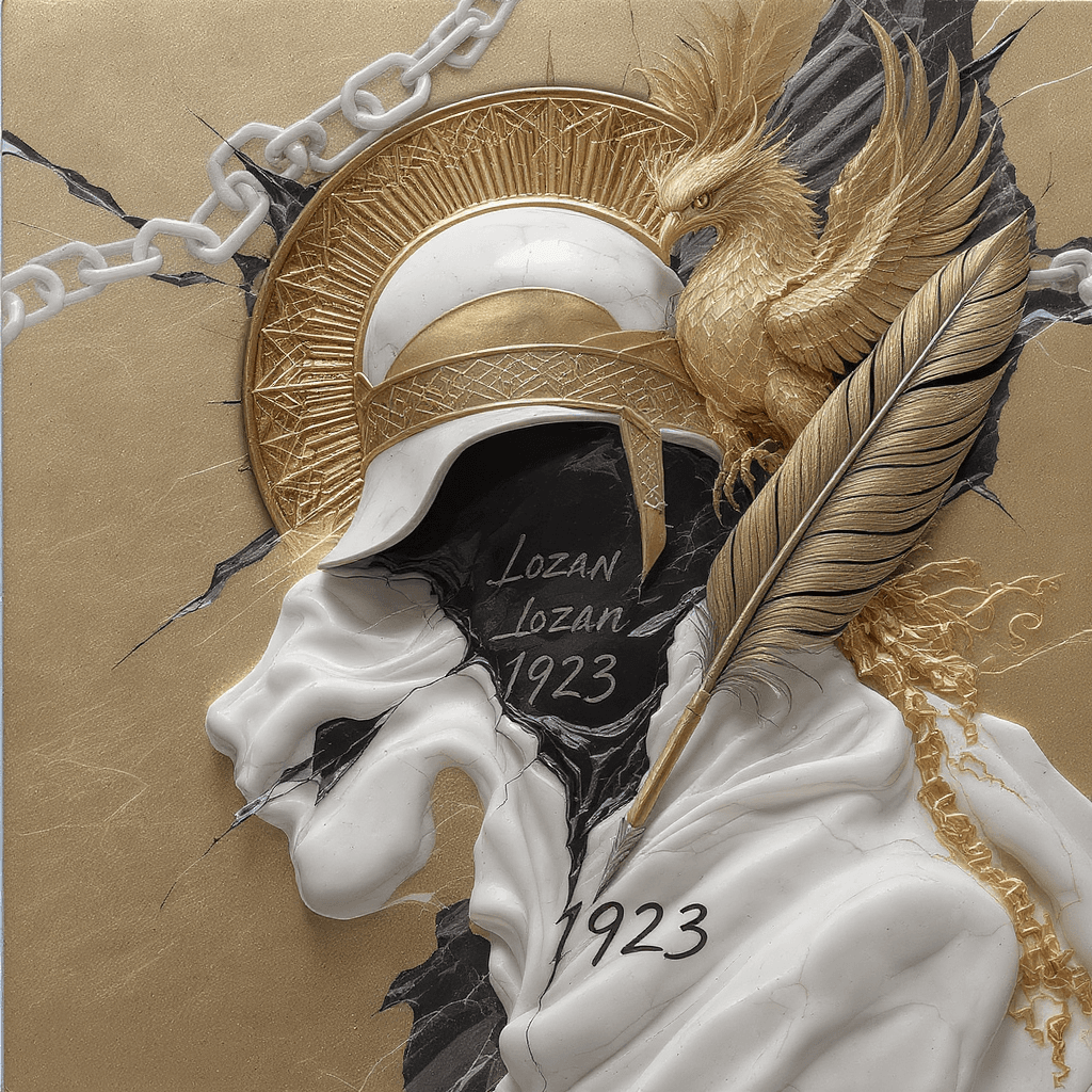 AI generated: Abstract marble sculpture: A war helmet melting into ink that writes 'Lozan 1923', quill pen made of...