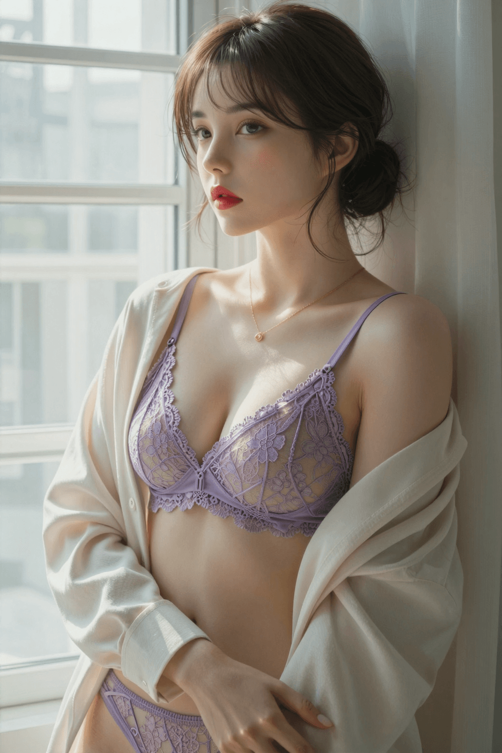 AI generated: capturing the soft, intimate indoor mood, the contrast between professional and private attire, and ...