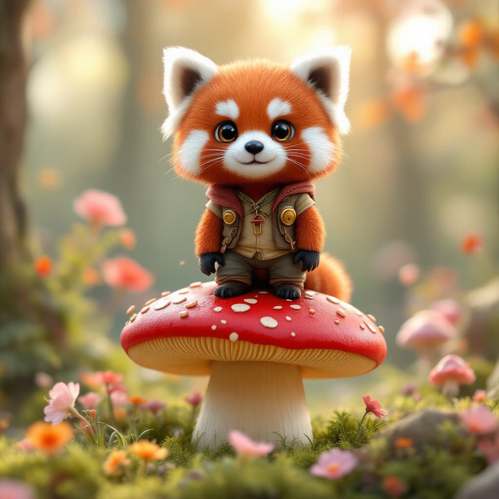 AI generated: cute red panda on a whimsical mushroom, wearing tiny adventurer clothes, full body, volumetric light...