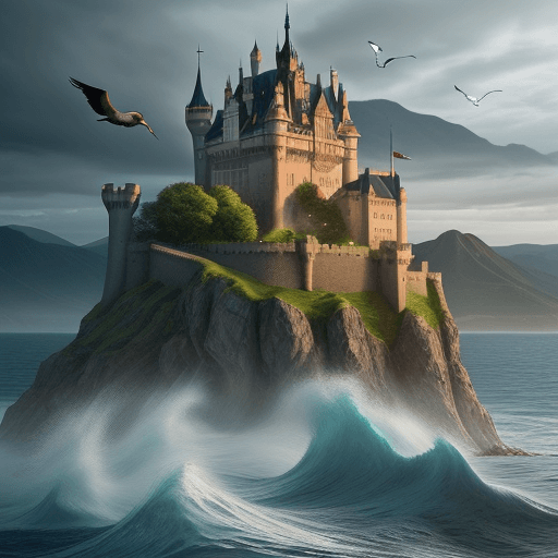 AI generated: a castle on a flying  islans hovering a stormy sea at dawn.The flying island includes mountains in b...