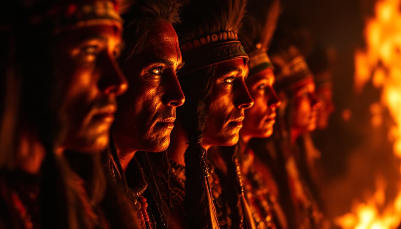 AI generated: The yellow and red glow of the fire reflecting on people's faces.

. Native Americans are gathered. ...