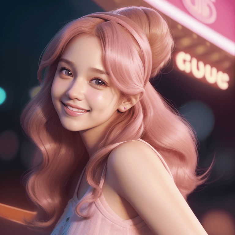 AI generated: Portrait of a cute girl, brown eyes, long pink hair, wavy, highly detailed, headband, smiling, cinem...