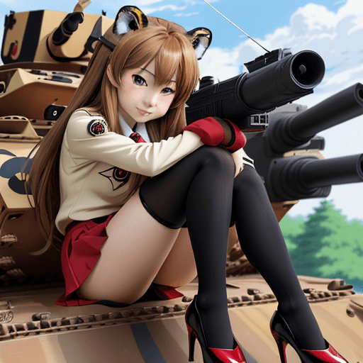 AI generated: masterpiece, taiga aisaka, smug, cute face, anime, anime face, sit on tank and hug gun turret, red s...