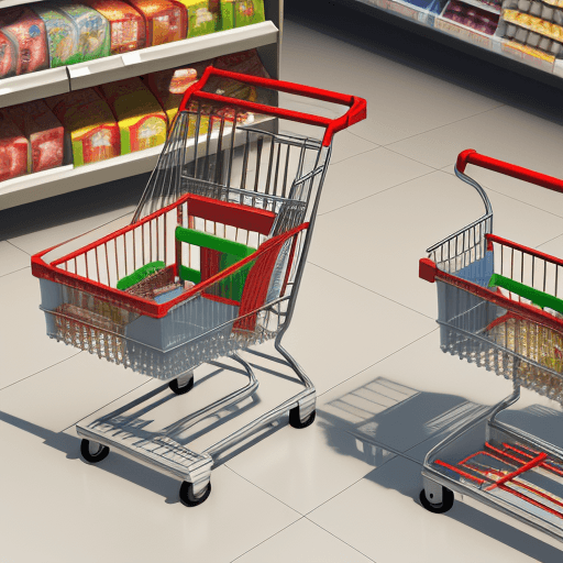 AI generated: create a 3D render of two shopping carts, inside a supermarket, aluminum material, red handles, high...
