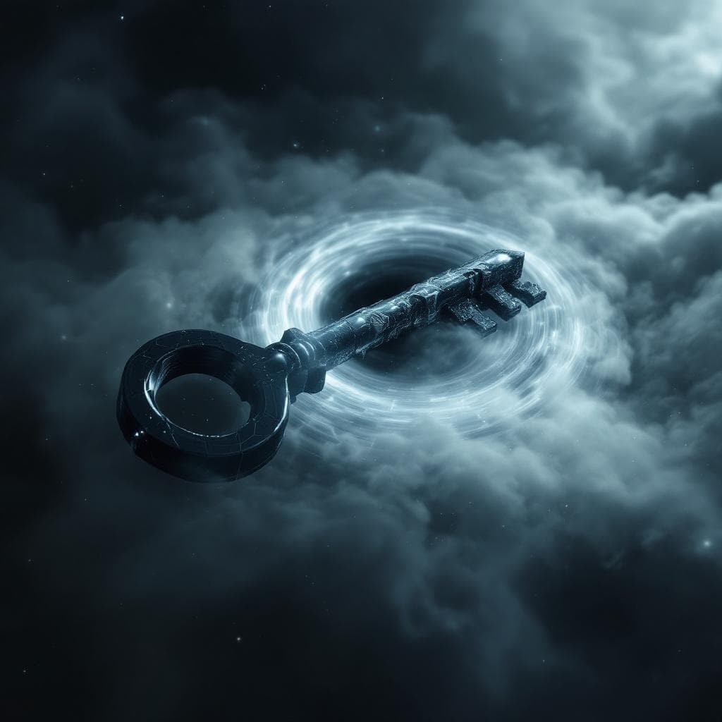 AI generated: Create a key made of obsidian with a black hole withs its white accretion disc at the hilt and the t...