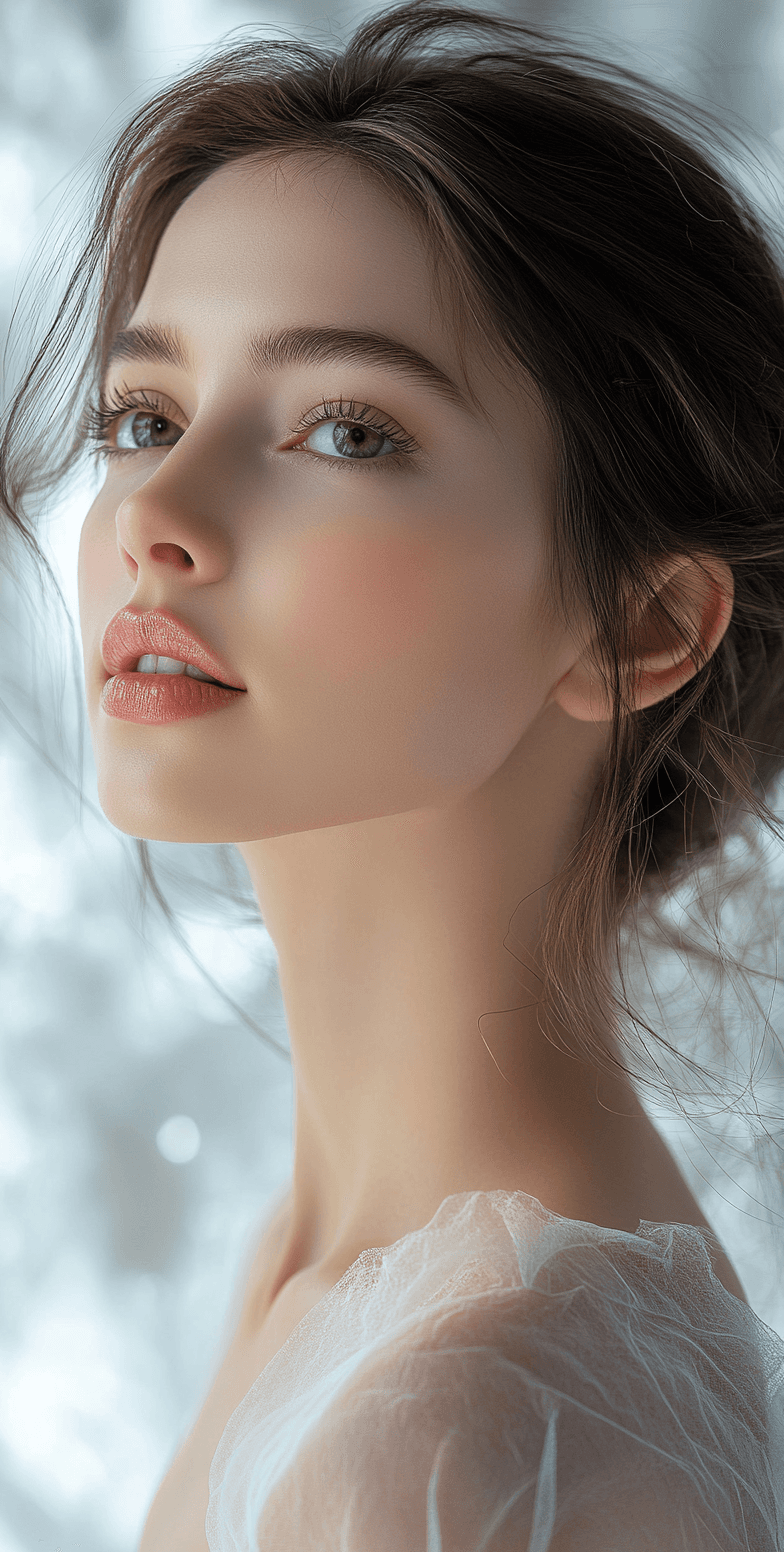 AI generated: A beautiful woman with smooth skin, light makeup, and a natural look is featured in an advertising p...