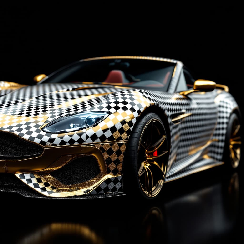 AI generated: Sports car with Gingham Print pattern, model  interpreted in a modern extravagant way with gold 