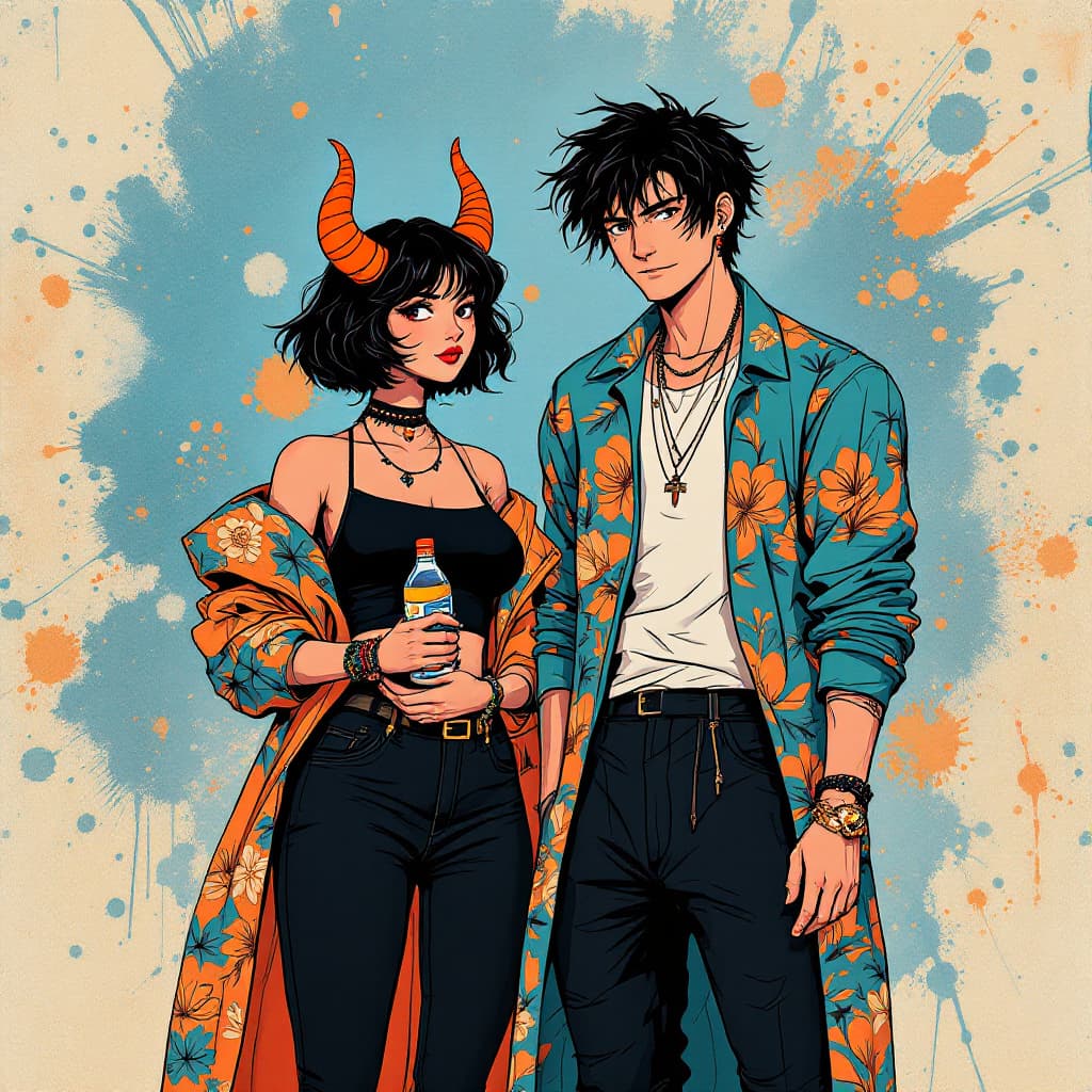 AI generated: Image is a digital illustration featuring two stylized characters with a vibrant and artistic design...