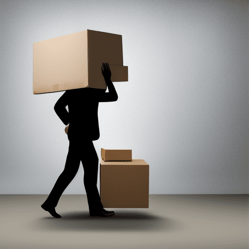 AI generated: Hyper realistic eye level  photo of Side view of a stooped man carrying a very heavy square cardboar...