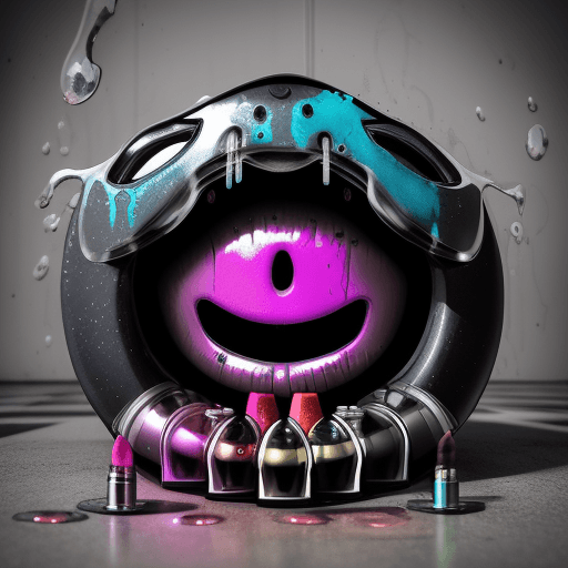 AI generated: huge metal face with dripping lipstick drops and luiquid on the floor:: neon::1 liquid::1 metallic::...