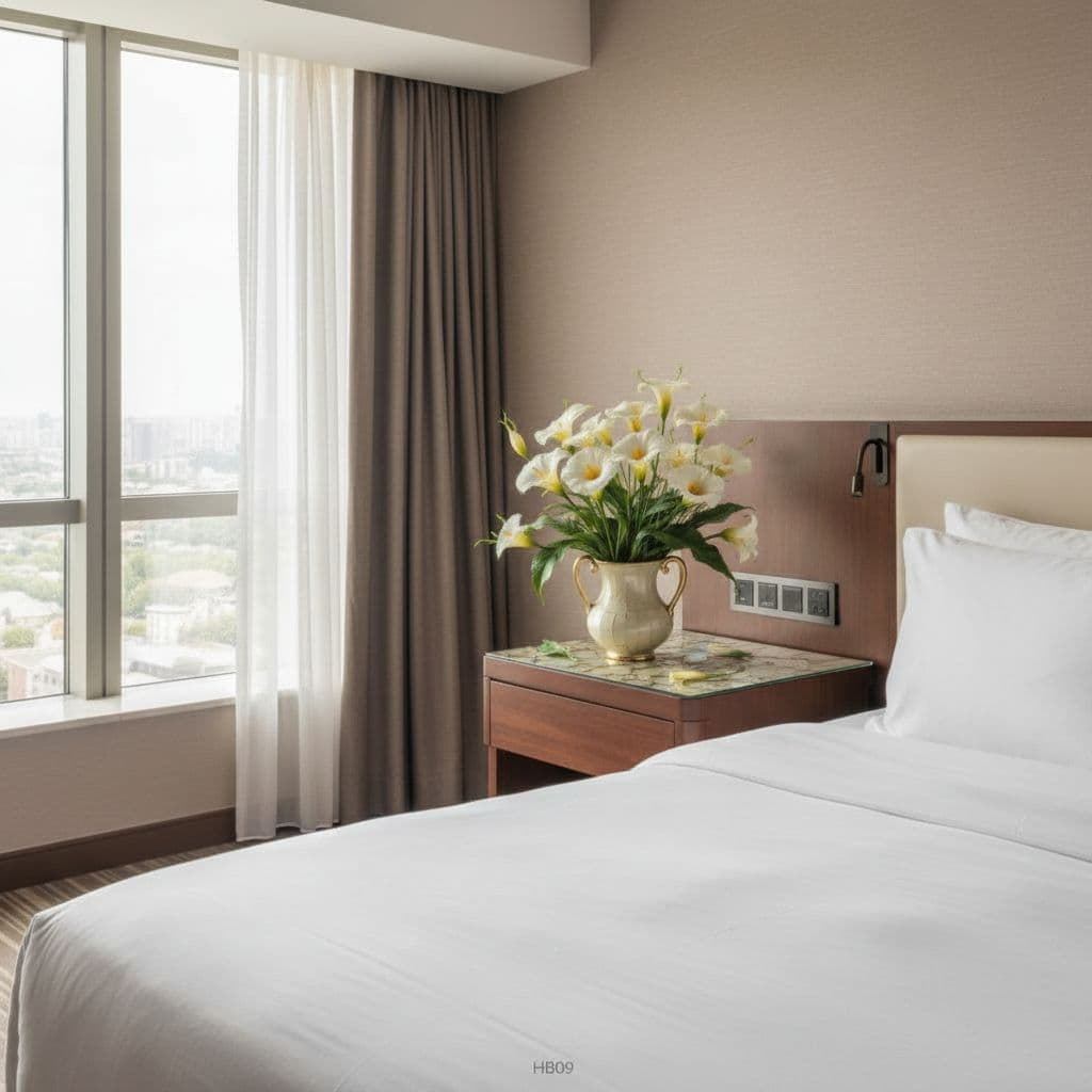 AI generated: on the bedside table of the hotel room.
With the discreet and very small watermark "HB09" at the bo...