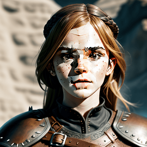 AI generated: Emma Watson face, viking Warrior girl, leather Armor 